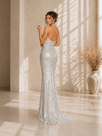 Women’s Apricot Glamorous Sequin Square Neck Sleeveless Fitted Maxi Dress with Side Slit and Back Cutout
