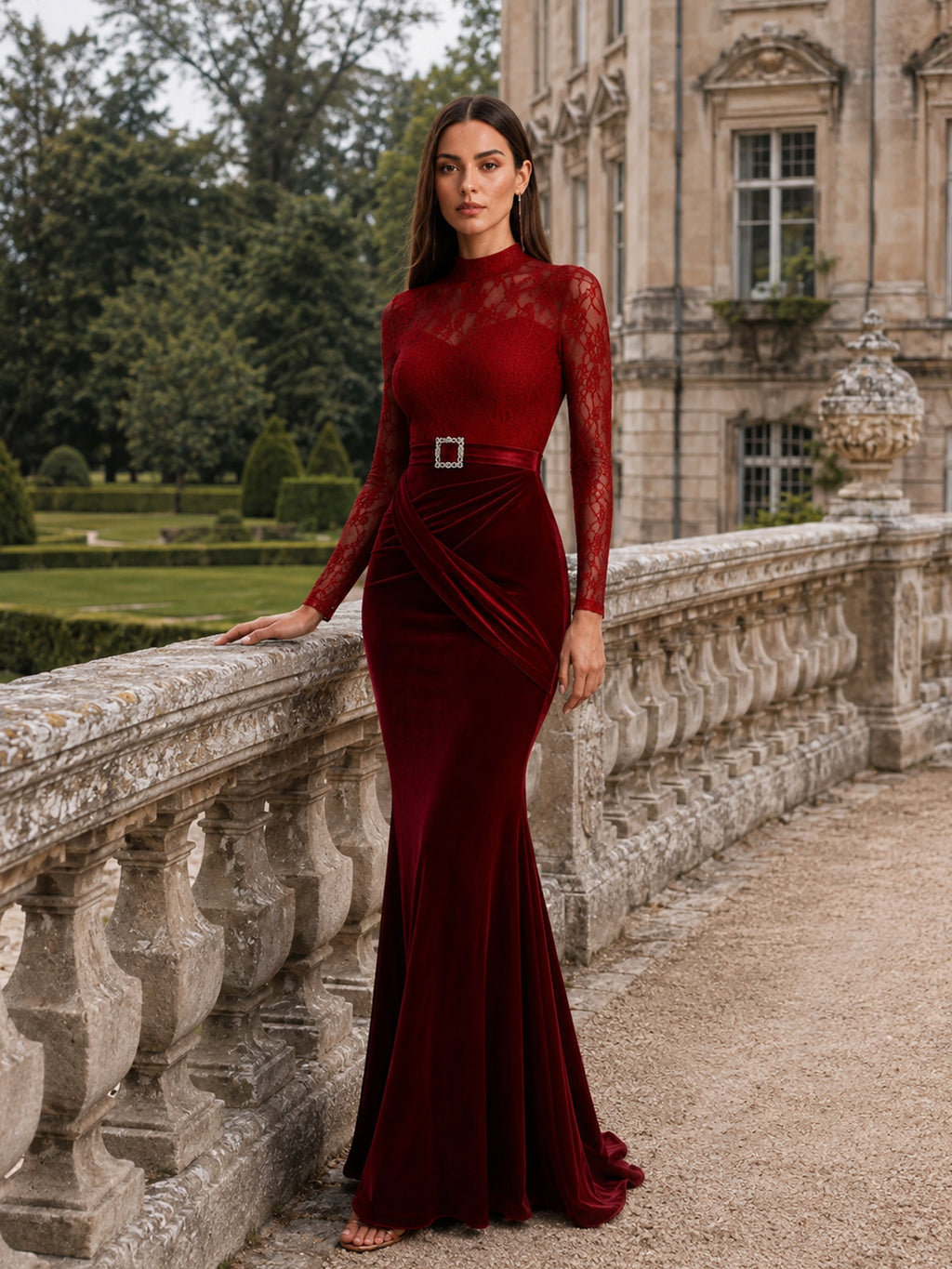 Women’s Red Elegant Velvet Lace High Neck Long Sleeve Mermaid Fit Maxi Evening Dress