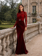 Women’s Red Elegant Velvet Lace High Neck Long Sleeve Mermaid Fit Maxi Evening Dress