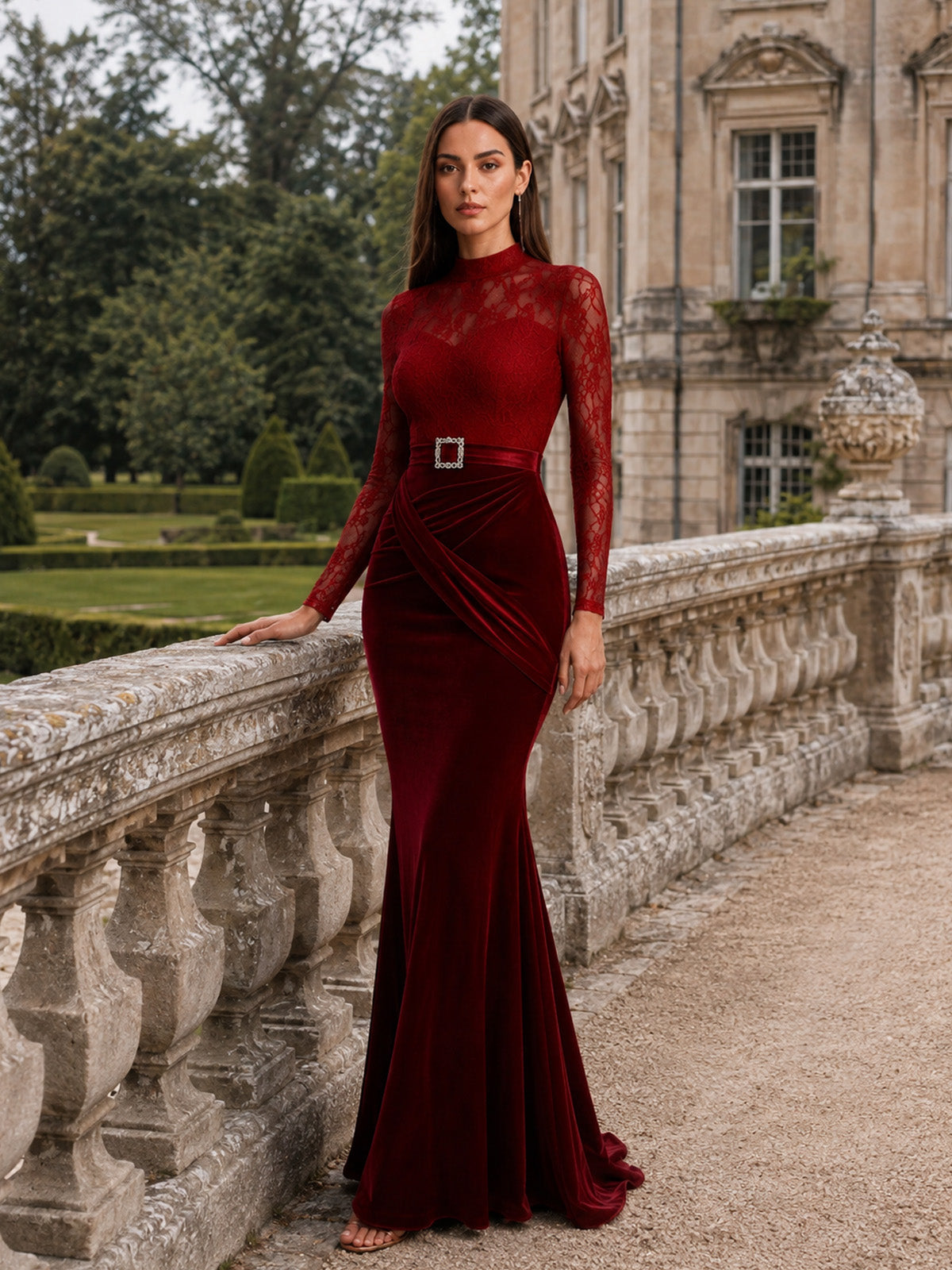 Women’s Red Elegant Velvet Lace High Neck Long Sleeve Mermaid Fit Maxi Evening Dress