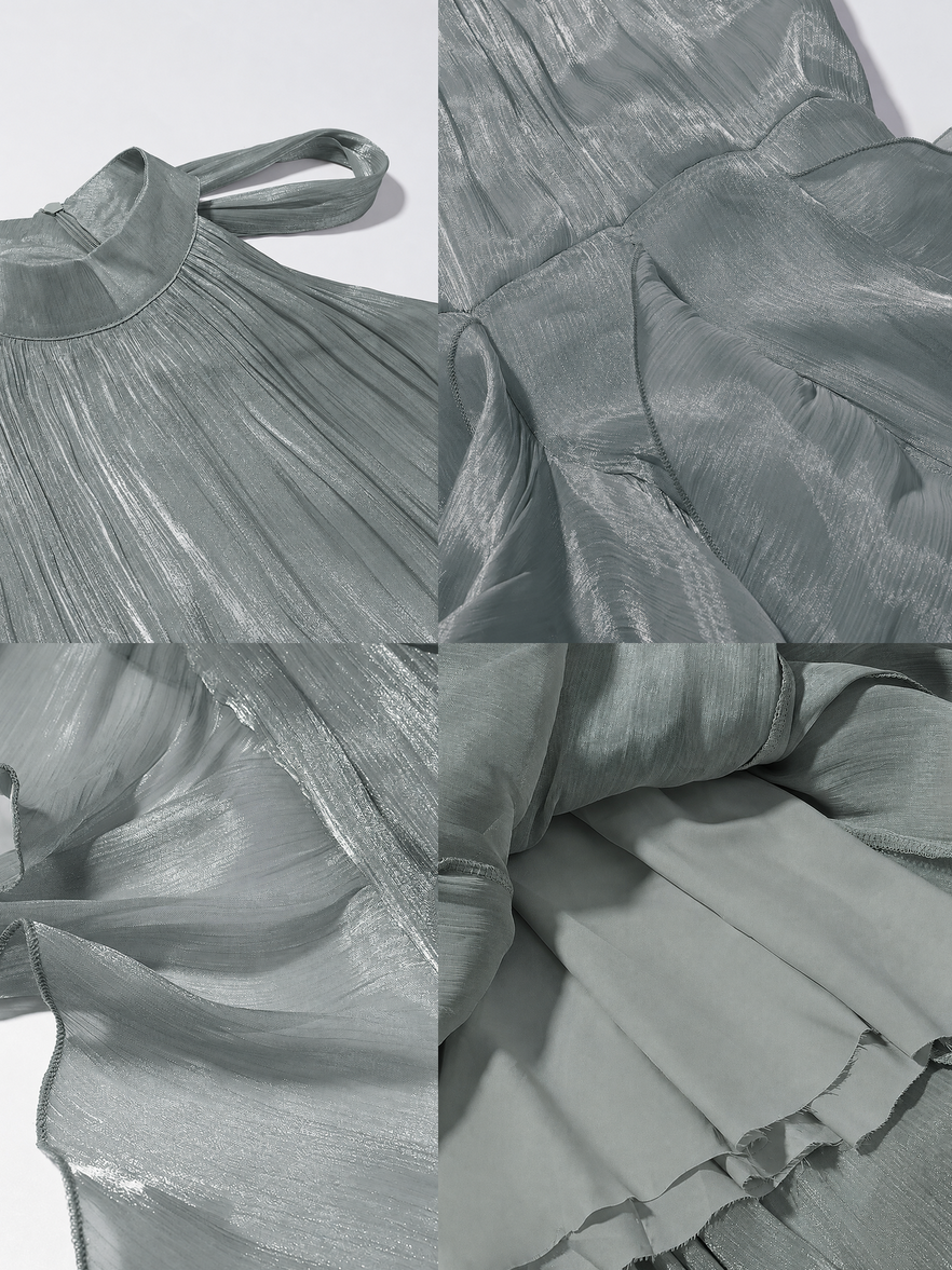 Damen Maxi-Abendkleid in Greige aus glänzendem Satin, hochgeschlossen, ärmellos, A-Linie, mit gestuftem Rüschendetail