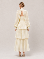 Women’s Pale Romantic Satin High Neck Long Sleeve A-Line Maxi Dress with Ruched Tiered Detail