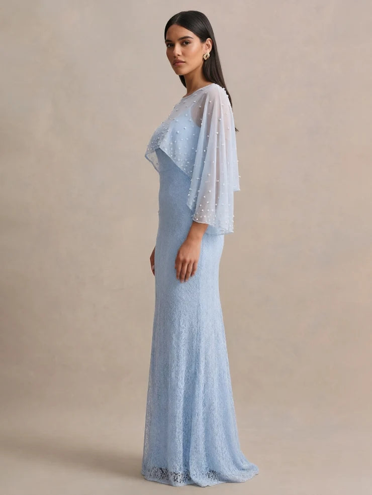 Women’s Light Blue Elegant Lace Round Neck 3/4 Sleeve Mermaid Maxi Dress with Pearl Mesh Overlay