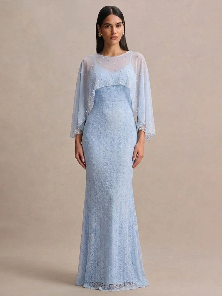 Women’s Light Blue Elegant Lace Round Neck 3/4 Sleeve Mermaid Maxi Dress with Pearl Mesh Overlay