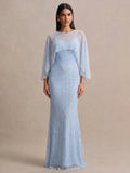 Women’s Light Blue Elegant Lace Round Neck 3/4 Sleeve Mermaid Maxi Dress with Pearl Mesh Overlay