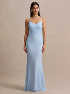 Women’s Light Blue Elegant Lace Round Neck 3/4 Sleeve Mermaid Maxi Dress with Pearl Mesh Overlay