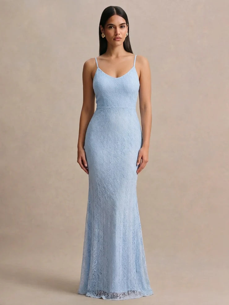 Women’s Light Blue Elegant Lace Round Neck 3/4 Sleeve Mermaid Maxi Dress with Pearl Mesh Overlay