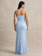 Women’s Light Blue Elegant Lace Round Neck 3/4 Sleeve Mermaid Maxi Dress with Pearl Mesh Overlay