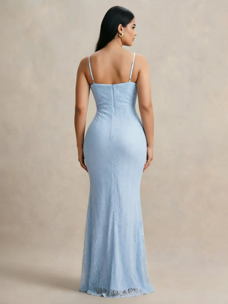 Women’s Light Blue Elegant Lace Round Neck 3/4 Sleeve Mermaid Maxi Dress with Pearl Mesh Overlay