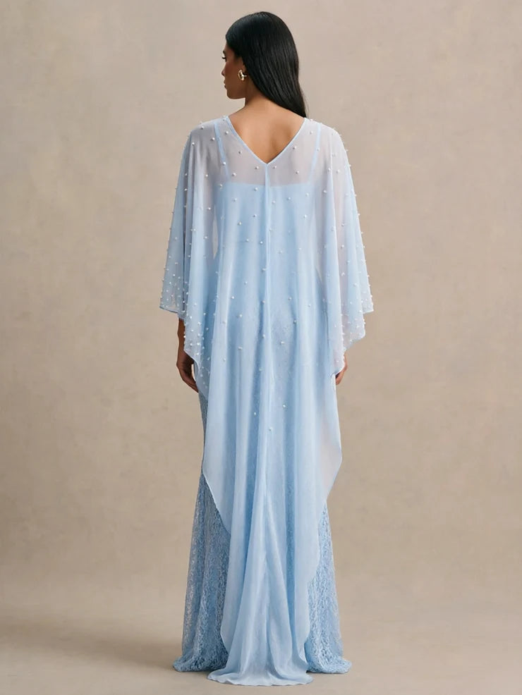 Women’s Light Blue Elegant Lace Round Neck 3/4 Sleeve Mermaid Maxi Dress with Pearl Mesh Overlay