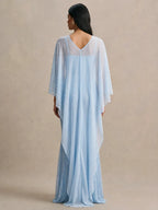 Women’s Light Blue Elegant Lace Round Neck 3/4 Sleeve Mermaid Maxi Dress with Pearl Mesh Overlay