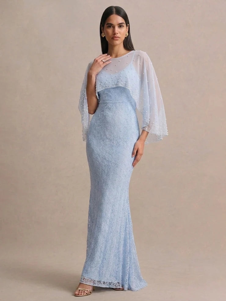 Women’s Light Blue Elegant Lace Round Neck 3/4 Sleeve Mermaid Maxi Dress with Pearl Mesh Overlay