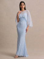 Women’s Light Blue Elegant Lace Round Neck 3/4 Sleeve Mermaid Maxi Dress with Pearl Mesh Overlay