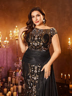 Women’s Black and Gold Elegant Sequin Mesh Round Neck Cap Sleeve Mermaid Maxi Dress with Draped Side Panel