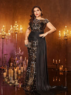 Women’s Black and Gold Elegant Sequin Mesh Round Neck Cap Sleeve Mermaid Maxi Dress with Draped Side Panel