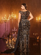 Women’s Black and Gold Elegant Sequin Mesh Round Neck Cap Sleeve Mermaid Maxi Dress with Draped Side Panel