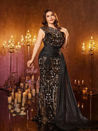 Women’s Black and Gold Elegant Sequin Mesh Round Neck Cap Sleeve Mermaid Maxi Dress with Draped Side Panel