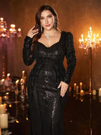 Women’s Black Elegant Sequin Lace Sweetheart Neck Long Sleeve Mermaid Maxi Dress with Puff Shoulders