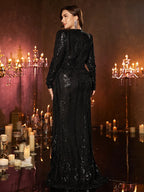 Women’s Black Elegant Sequin Lace Sweetheart Neck Long Sleeve Mermaid Maxi Dress with Puff Shoulders