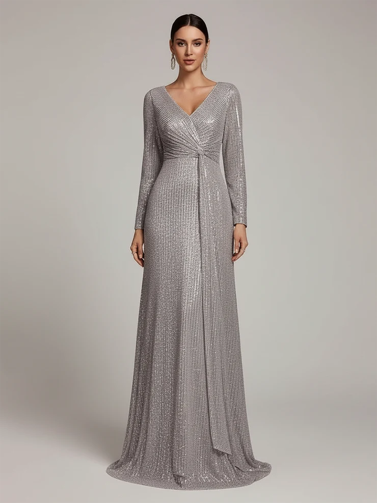 Women’s Silver Elegant Sequin V-Neck Long Sleeve A-Line Maxi Dress with Ruched Waist