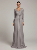 Women’s Silver Elegant Sequin V-Neck Long Sleeve A-Line Maxi Dress with Ruched Waist