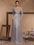 Women’s Silver Elegant Sequin V-Neck Long Sleeve A-Line Maxi Dress with Ruched Waist