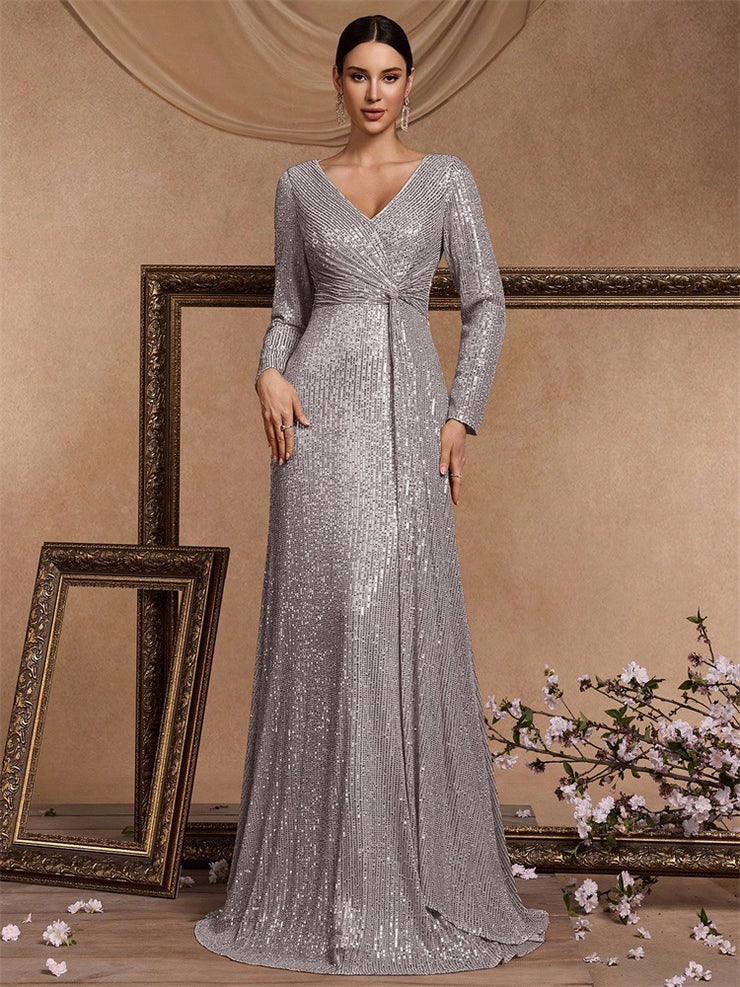 Women’s Silver Elegant Sequin V-Neck Long Sleeve A-Line Maxi Dress with Ruched Waist
