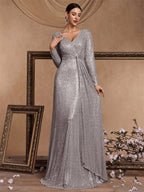 Women’s Silver Elegant Sequin V-Neck Long Sleeve A-Line Maxi Dress with Ruched Waist