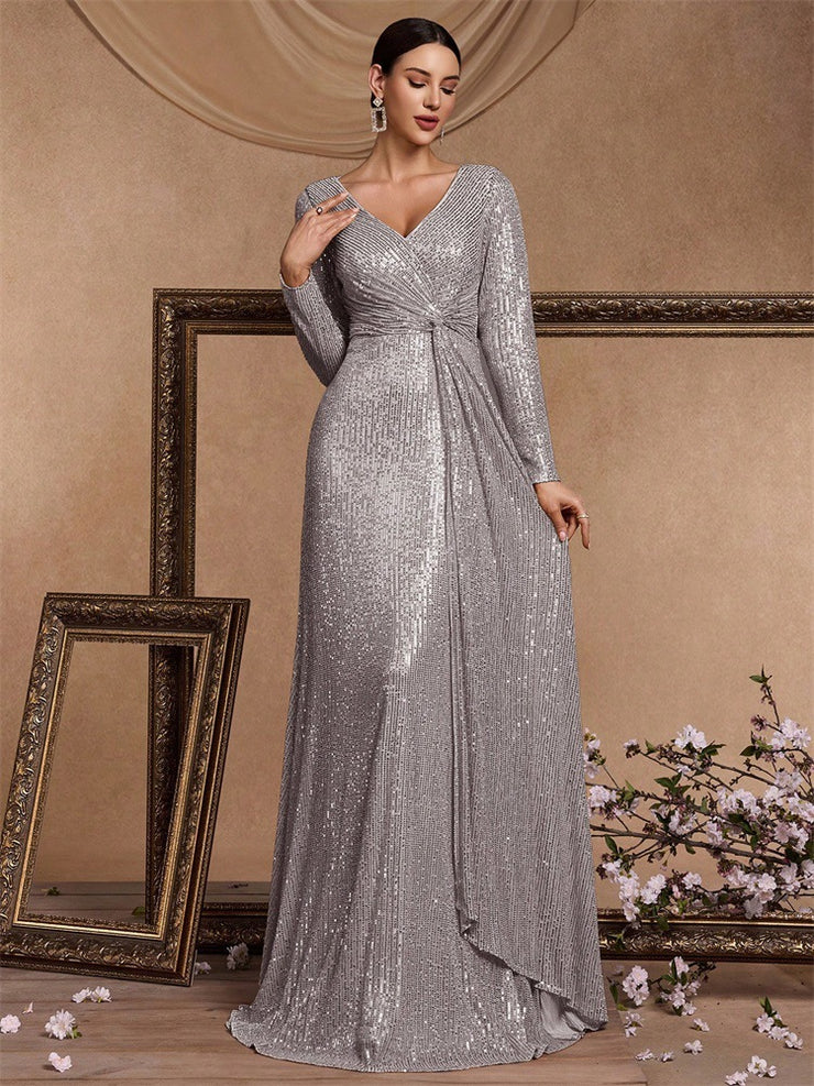 Women’s Silver Elegant Sequin V-Neck Long Sleeve A-Line Maxi Dress with Ruched Waist