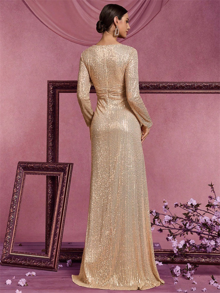 Women’s Silver Elegant Sequin V-Neck Long Sleeve A-Line Maxi Dress with Ruched Waist