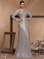 Women’s Silver Elegant Sequin V-Neck Long Sleeve A-Line Maxi Dress with Ruched Waist