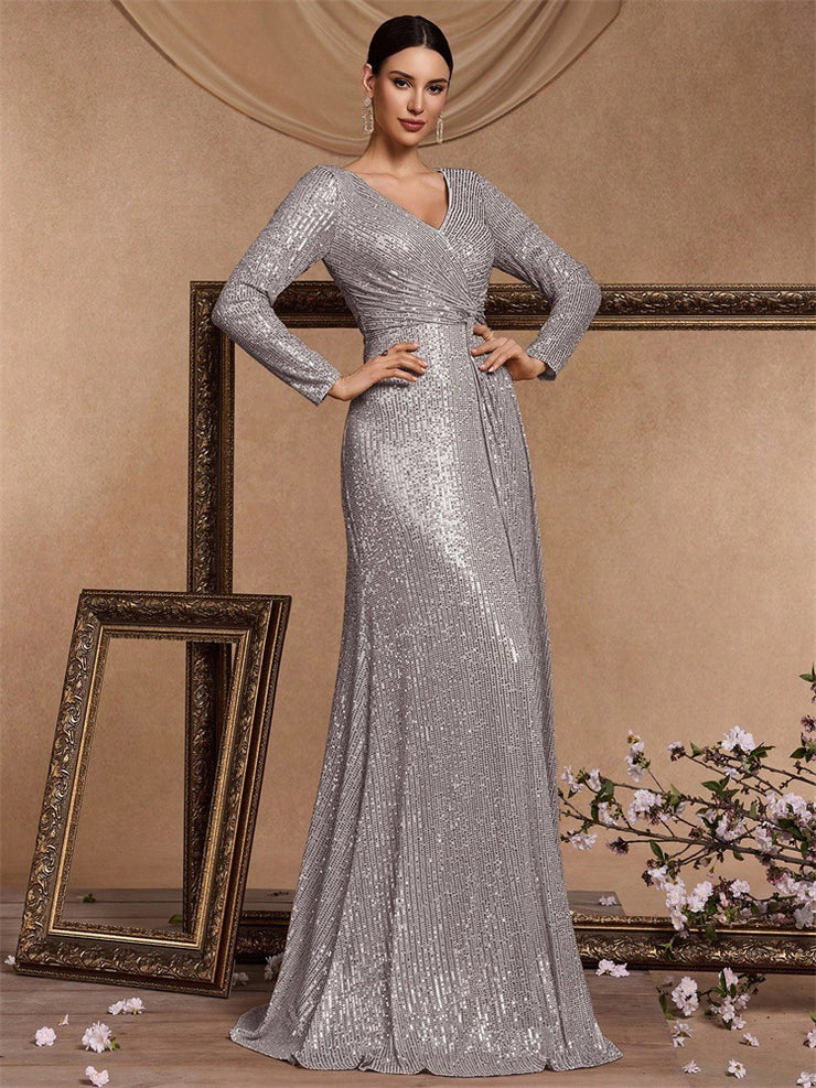 Women’s Silver Elegant Sequin V-Neck Long Sleeve A-Line Maxi Dress with Ruched Waist