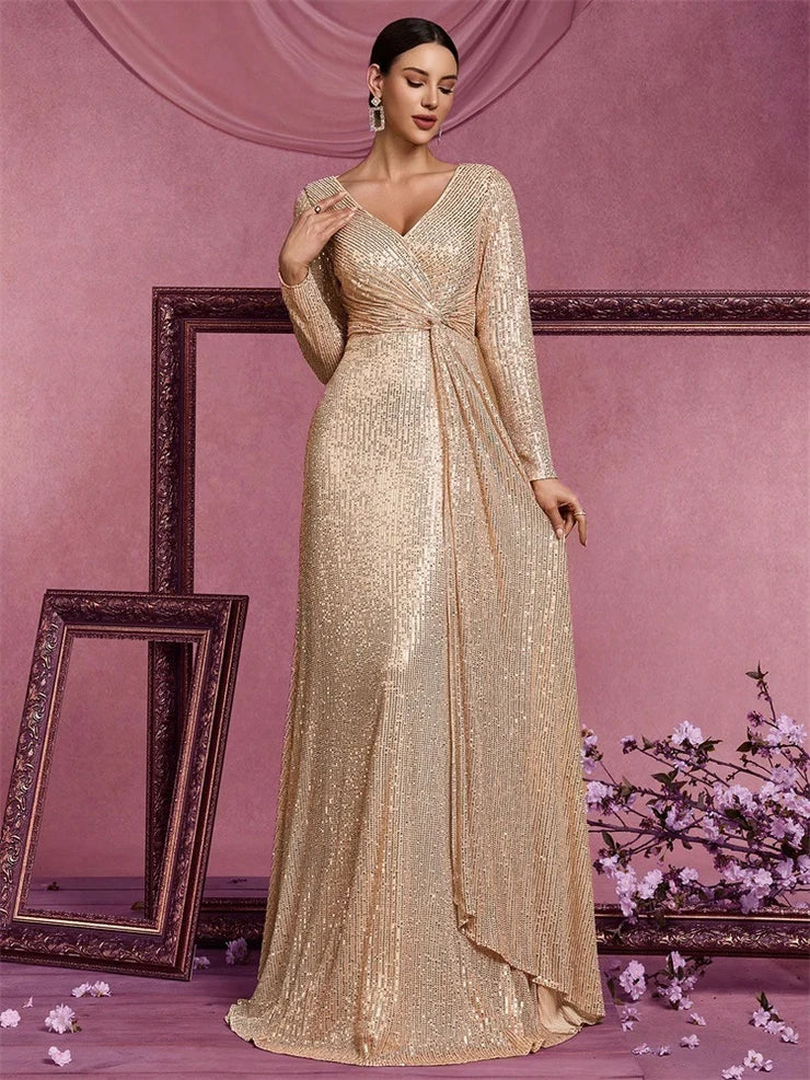 Women’s Silver Elegant Sequin V-Neck Long Sleeve A-Line Maxi Dress with Ruched Waist