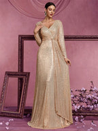 Women’s Silver Elegant Sequin V-Neck Long Sleeve A-Line Maxi Dress with Ruched Waist