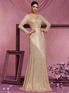 Women’s Silver Elegant Sequin V-Neck Long Sleeve A-Line Maxi Dress with Ruched Waist
