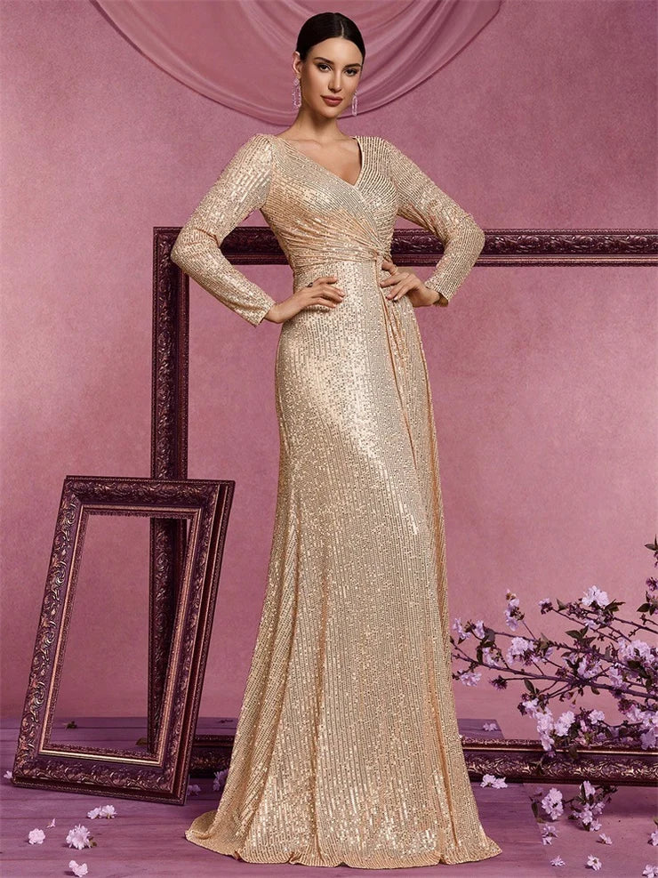 Women’s Silver Elegant Sequin V-Neck Long Sleeve A-Line Maxi Dress with Ruched Waist