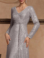 Women’s Silver Elegant Sequin V-Neck Long Sleeve A-Line Maxi Dress with Ruched Waist