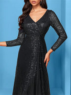 Women’s Silver Elegant Sequin V-Neck Long Sleeve A-Line Maxi Dress with Ruched Waist