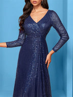 Women’s Silver Elegant Sequin V-Neck Long Sleeve A-Line Maxi Dress with Ruched Waist