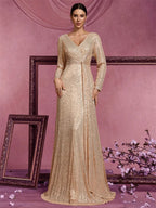 Women’s Silver Elegant Sequin V-Neck Long Sleeve A-Line Maxi Dress with Ruched Waist