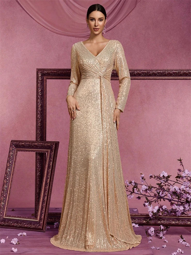 Women’s Silver Elegant Sequin V-Neck Long Sleeve A-Line Maxi Dress with Ruched Waist