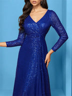 Women’s Silver Elegant Sequin V-Neck Long Sleeve A-Line Maxi Dress with Ruched Waist