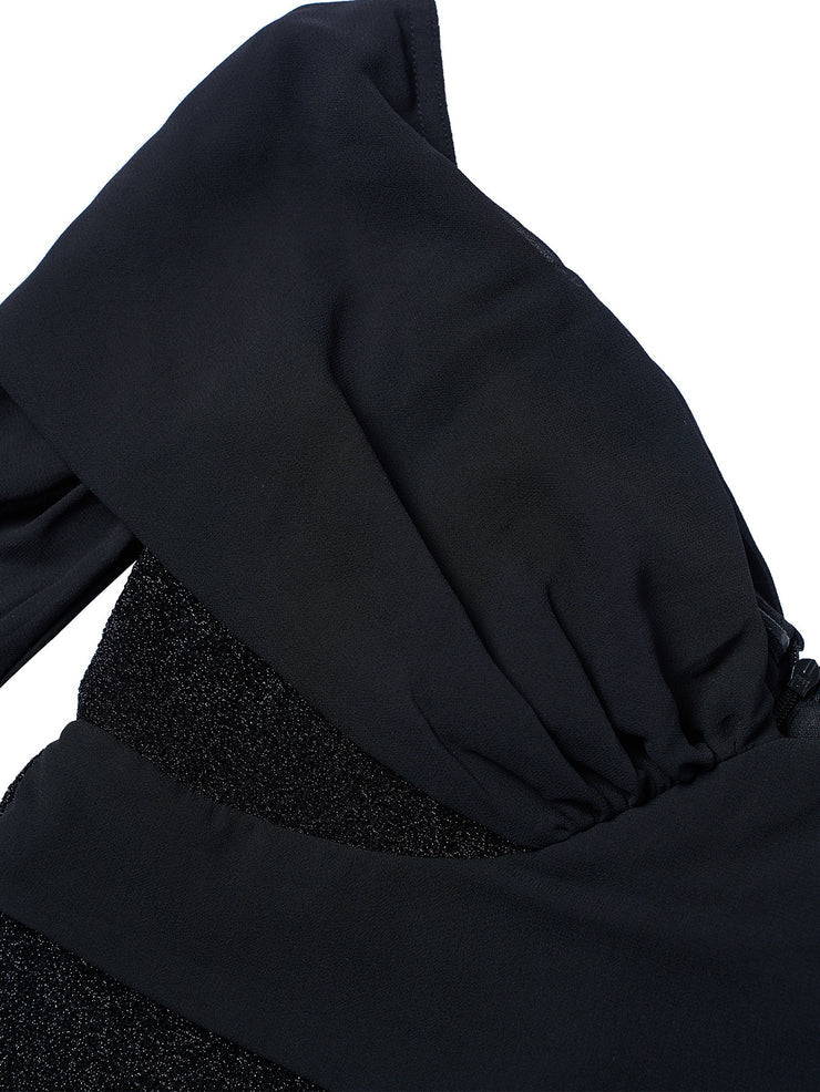 Women’s Black Elegant Sequin Off Shoulder Long Sleeve Mermaid Maxi Dress with Ruched Bodice Detail