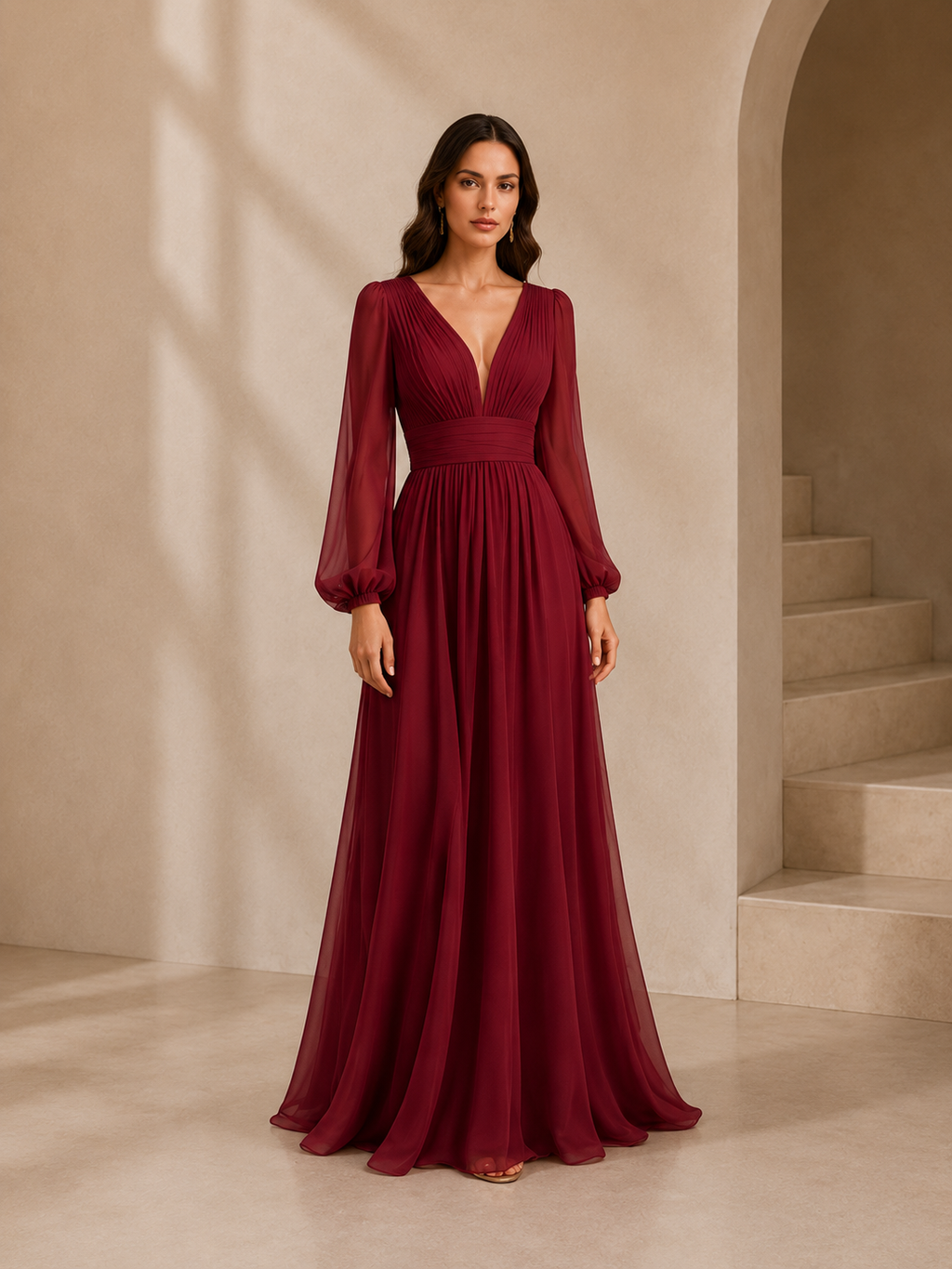Women’s Navy Blue Elegant Chiffon V-Neck Long Sleeve Regular Floor-Length Wedding Guest Dress with Pleated Detail