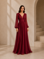 Women’s Navy Blue Elegant Chiffon V-Neck Long Sleeve Regular Floor-Length Wedding Guest Dress with Pleated Detail