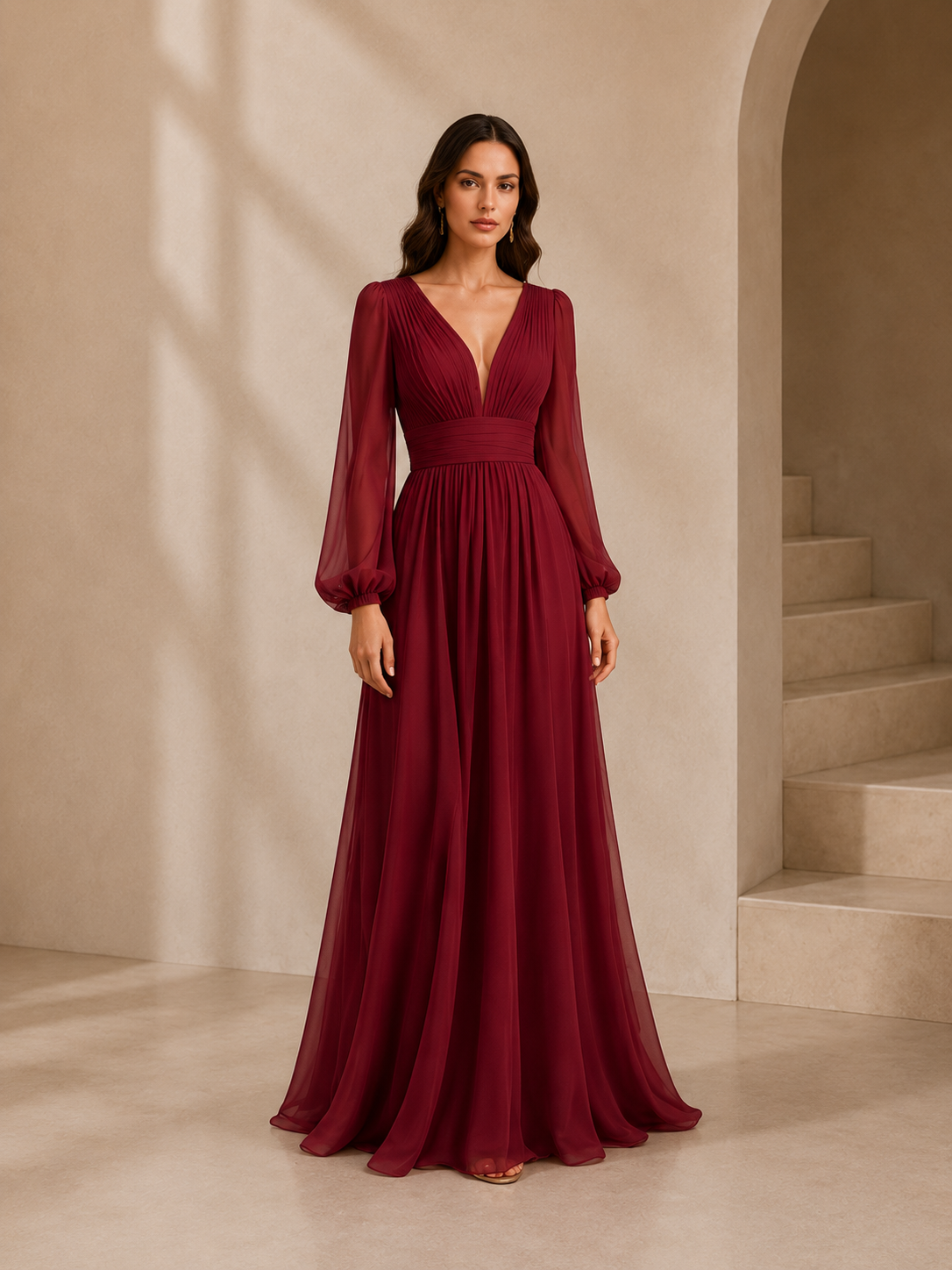 Women’s Navy Blue Elegant Chiffon V-Neck Long Sleeve Regular Floor-Length Wedding Guest Dress with Pleated Detail