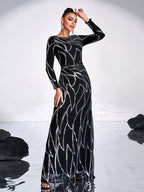 Women’s Black and Bronze Elegant Sequin Mesh Round Neck Long Sleeve Column Maxi Dress with Geometric Pattern
