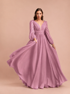 Women’s Navy Blue Elegant Chiffon V-Neck Long Sleeve Regular Floor-Length Wedding Guest Dress with Pleated Detail