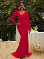 Women’s Red Elegant V-Neck Long Puff Sleeve Mermaid Maxi Dress with Ruched Bodice and Ruffle Shoulder Detail