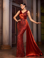 Women’s Red Elegant Satin Asymmetric Neck Sleeveless Mermaid Maxi Dress with Sequin Lace and Drape Detail
